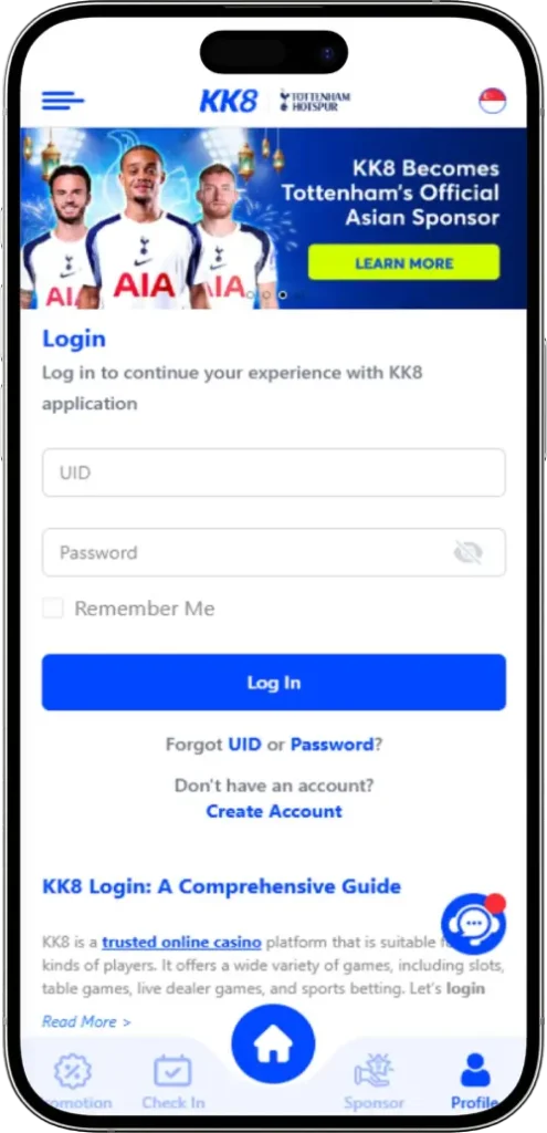 KK8 mobile login screen showing the account sign-in fields