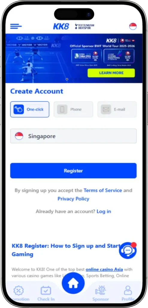 KK8 registration screen showing the available account creation methods