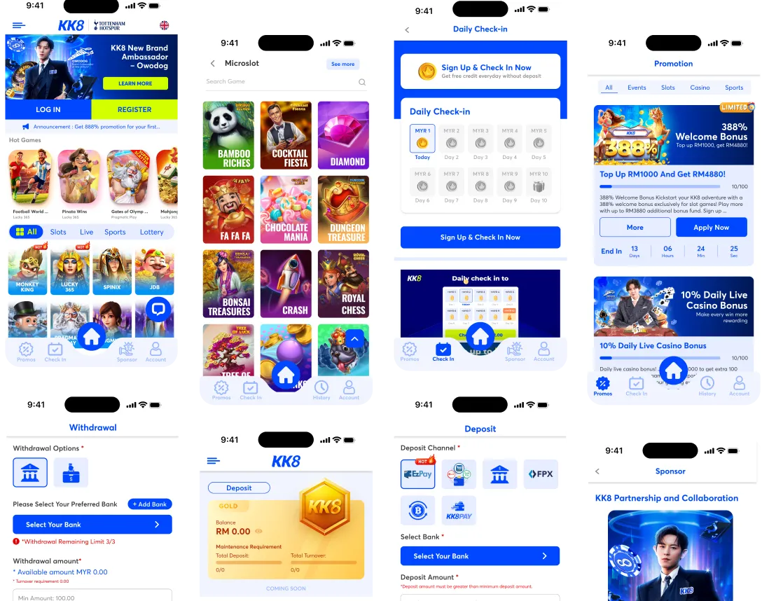 KK8 official artwork showing its mobile lobby, games and account screens