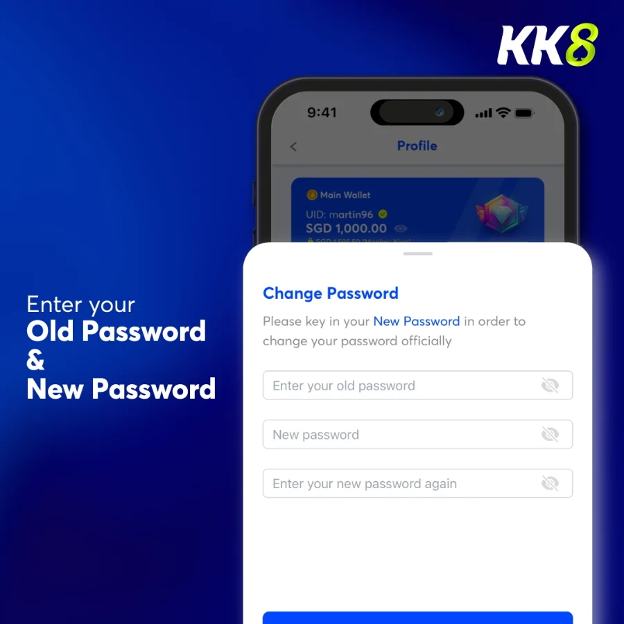Change-password screen demonstrated in the KK8 tutorial